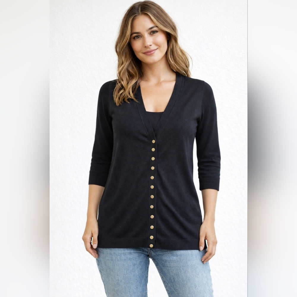Zenana Outfitters Size M 3/4 Sleeves Button Down V-Neck Black Sweater Cardigan